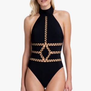 SALE Gottex Couture Cabaret Swimsuit Geometric Cutouts Designer Coastal Luxury